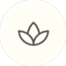 A minimalist lotus flower icon in a soft beige circle.