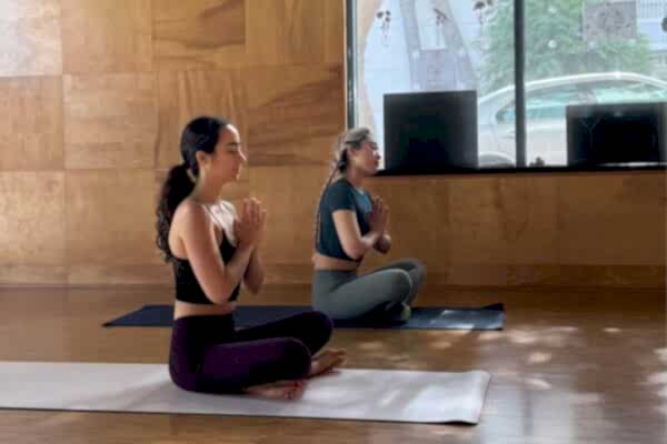 Two women practicing yoga indoors on mats in a sunlit room.