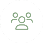 Simple green icon of three people on a white circular background.
