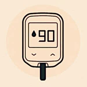 Digital glucose meter showing a reading of 90.